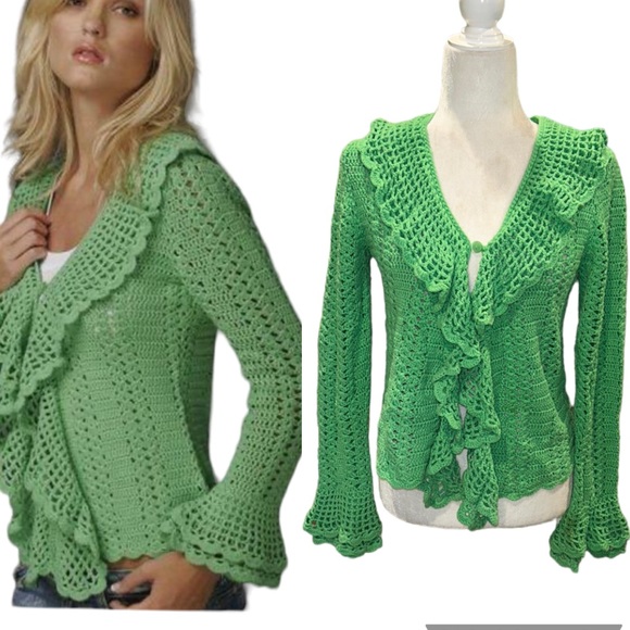 Anthropologie Sweaters - One Girl Who Anthropologie Green Crochet Ruffle Scalloped Draped Cardigan - M